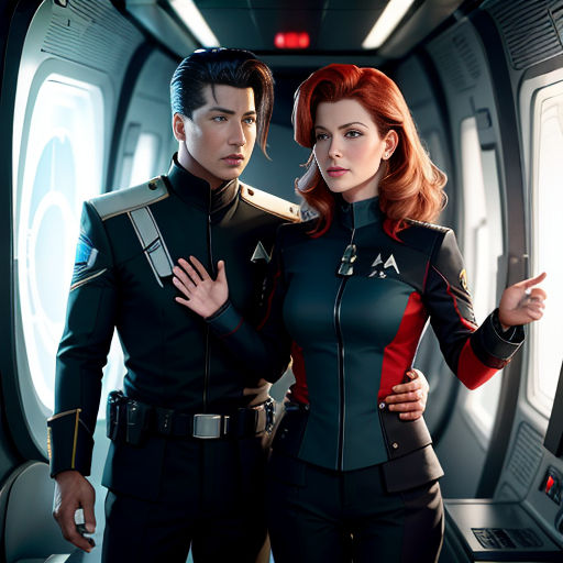 a man and a woman in uniform standing next to each other in a space station corridor, looking at the camera