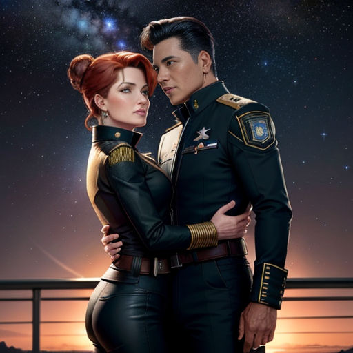 a man and woman in military uniforms standing next to each other in front of a night sky with stars