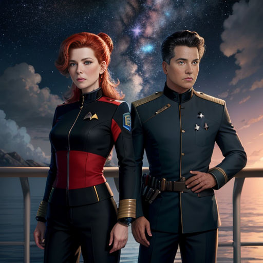 a man and a woman in uniform standing on a boat looking at the stars in the sky above them