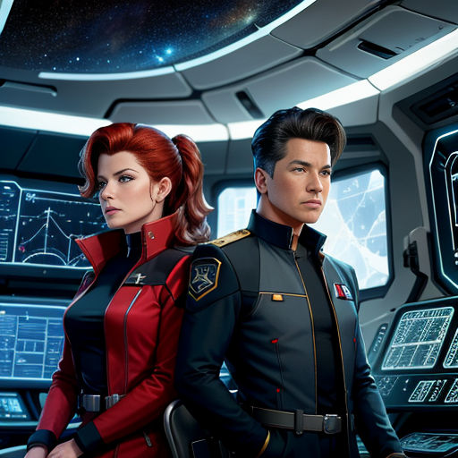 a man and a woman in a sci - fi setting with a spaceship in the background and a star trek poster in the foreground