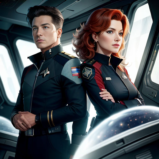 a man and a woman in uniform standing in front of a spaceship window with a view of the earth