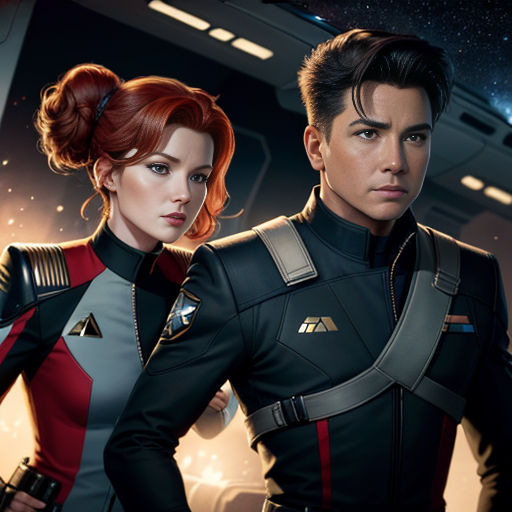 a man and a woman in star trek uniforms standing next to each other in a space station with stars in the background