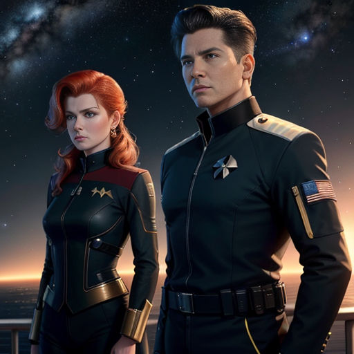 a man and a woman in uniform standing next to each other in front of a galaxy background with stars
