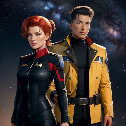 a man and a woman in star trek uniforms standing next to each other in front of a galaxy background