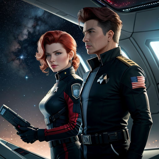 a man and a woman in uniform standing next to each other in a space station with stars in the background