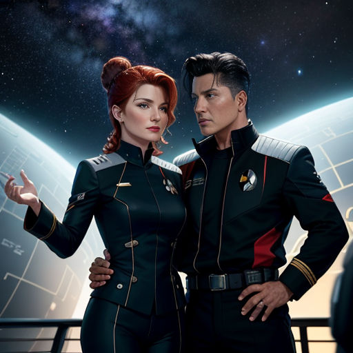 a man and a woman in uniform standing next to each other in front of a space background with a planet in the background