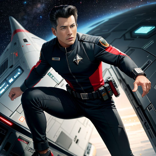 a man in a star trek uniform is leaning against a wall in front of a space station with a spaceship in the background