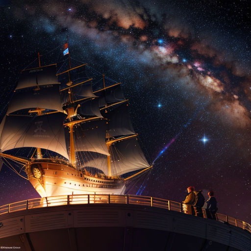 a ship sailing on top of a body of water under a night sky filled with stars and a milky filled sky