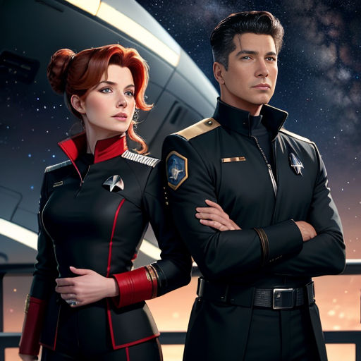 a man and a woman in uniform standing next to each other in front of a space station with stars