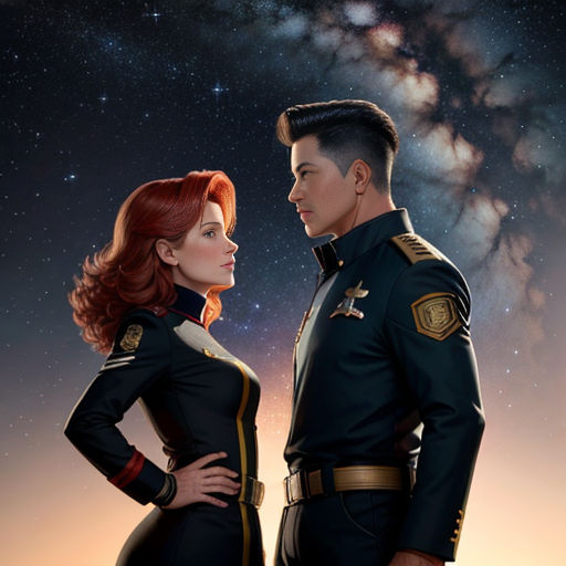 a man and a woman in military uniforms standing next to each other in front of a galaxy background with stars
