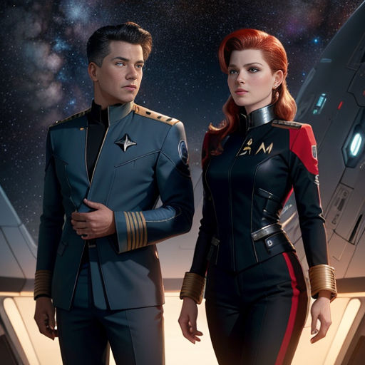 a man and a woman in uniform standing next to each other in front of a space station with stars