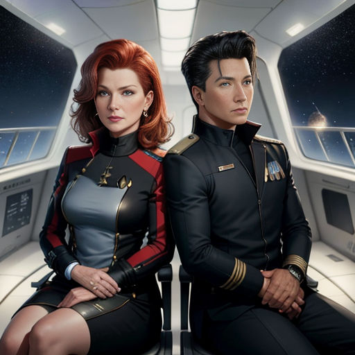 a man and a woman sitting on a plane in space, with the man in the uniform of a space shuttle
