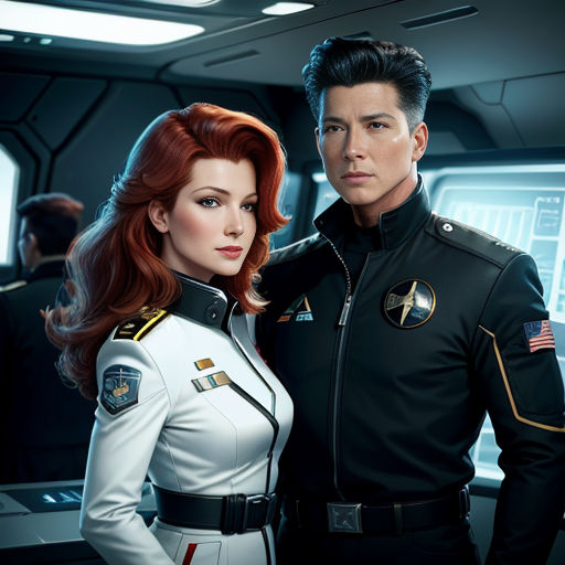a man and a woman in uniform standing next to each other in a spaceship setting with a man in uniform