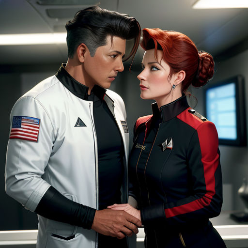 a man and a woman in a star trek uniform standing next to each other in a room with a television screen