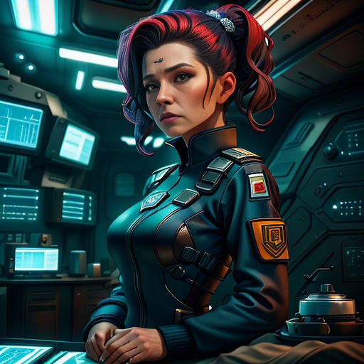 a woman in a space suit sitting at a desk in front of a monitor screen and a monitor screen