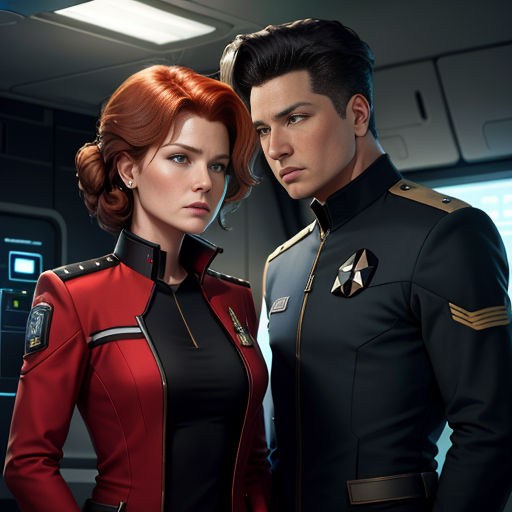 a man and a woman in a star trek uniform standing next to each other in a room with lights