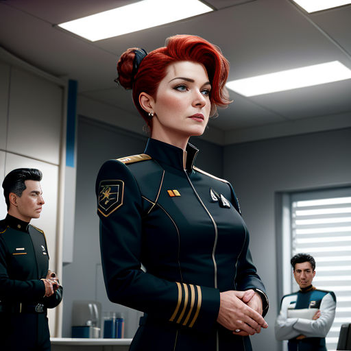 a woman in a uniform standing in a room with other people in the background and a man in uniform standing behind her
