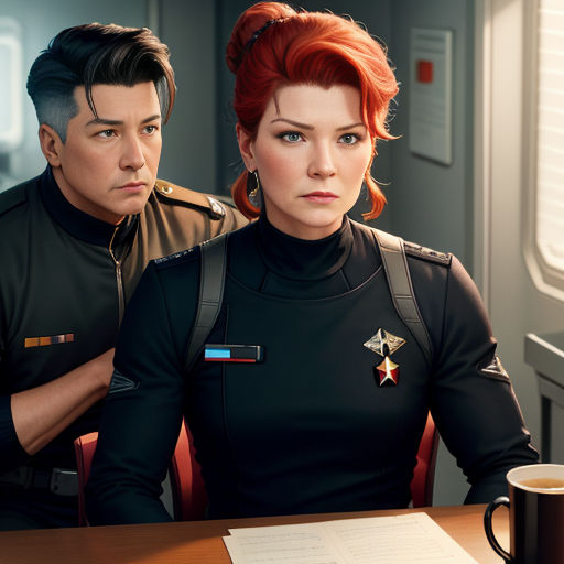 a man and a woman sitting at a table in a room with a cup of coffee and a menu