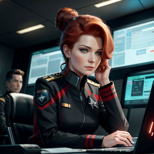 a woman in a uniform sitting at a desk with a laptop computer in front of her and a man in the background