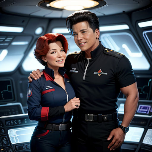 a man and a woman in uniform posing for a picture in a space station setting with lights on the ceiling