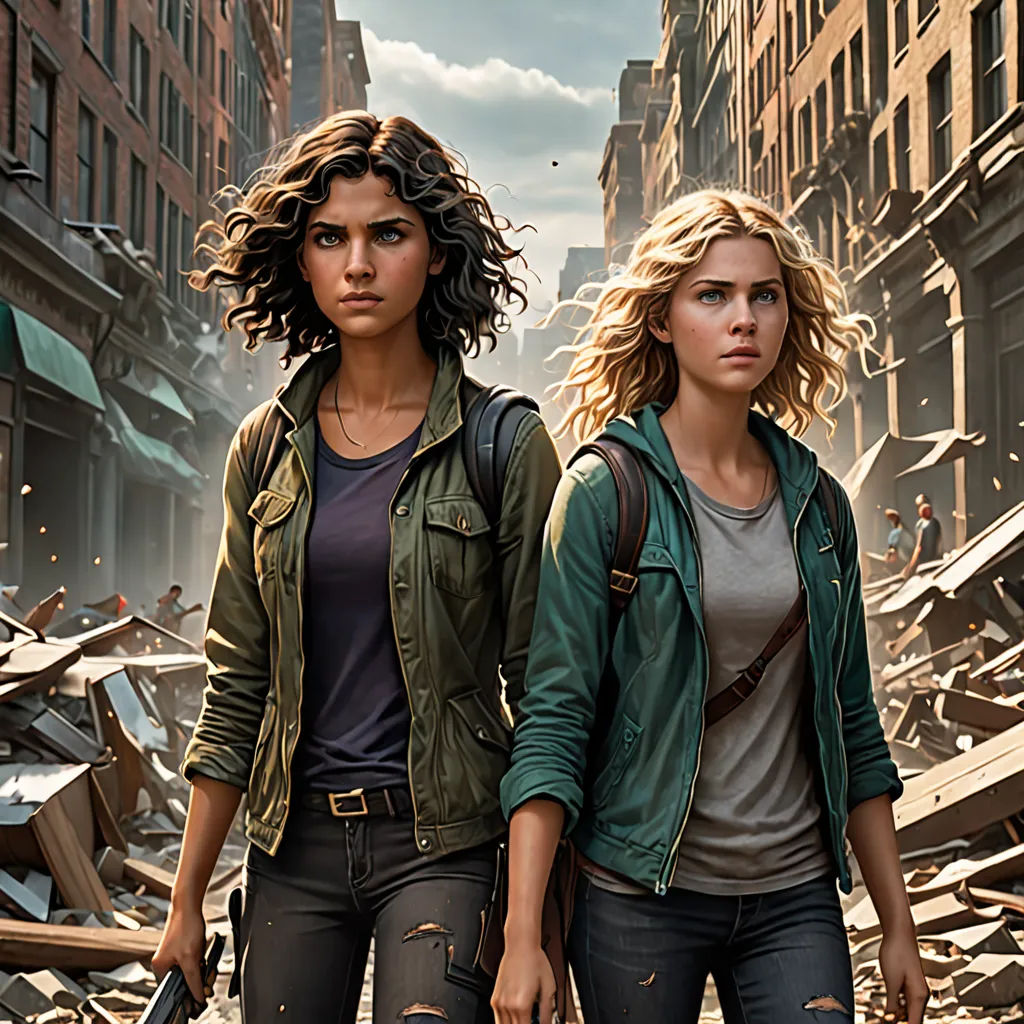 two women walking through a destroyed city street with a gun in hand and a broken building in the background, antipodeans, poster art, Ada Gladys Killins, key art