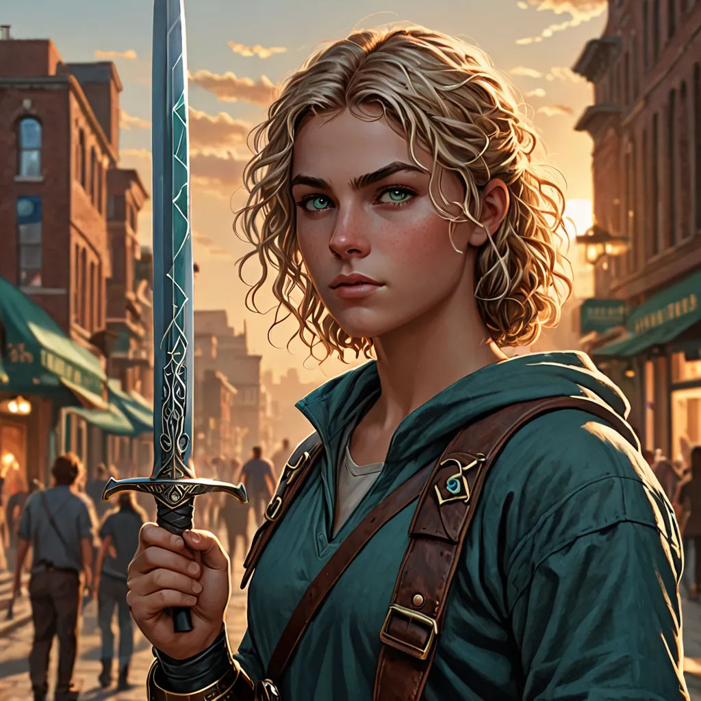 a woman holding a sword in a city street at sunset or dawn with people walking around her and a man walking down the street, fantasy art, a character portrait, Clint Cearley, magic the gathering artwork