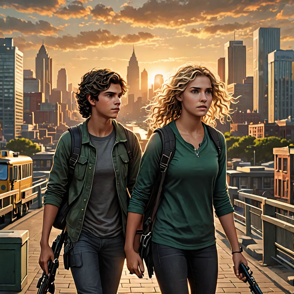a couple of people walking down a street next to a city skyline with a bus on the road and a bus on the road, serial art, a detailed matte painting, Felix-Kelly, key art