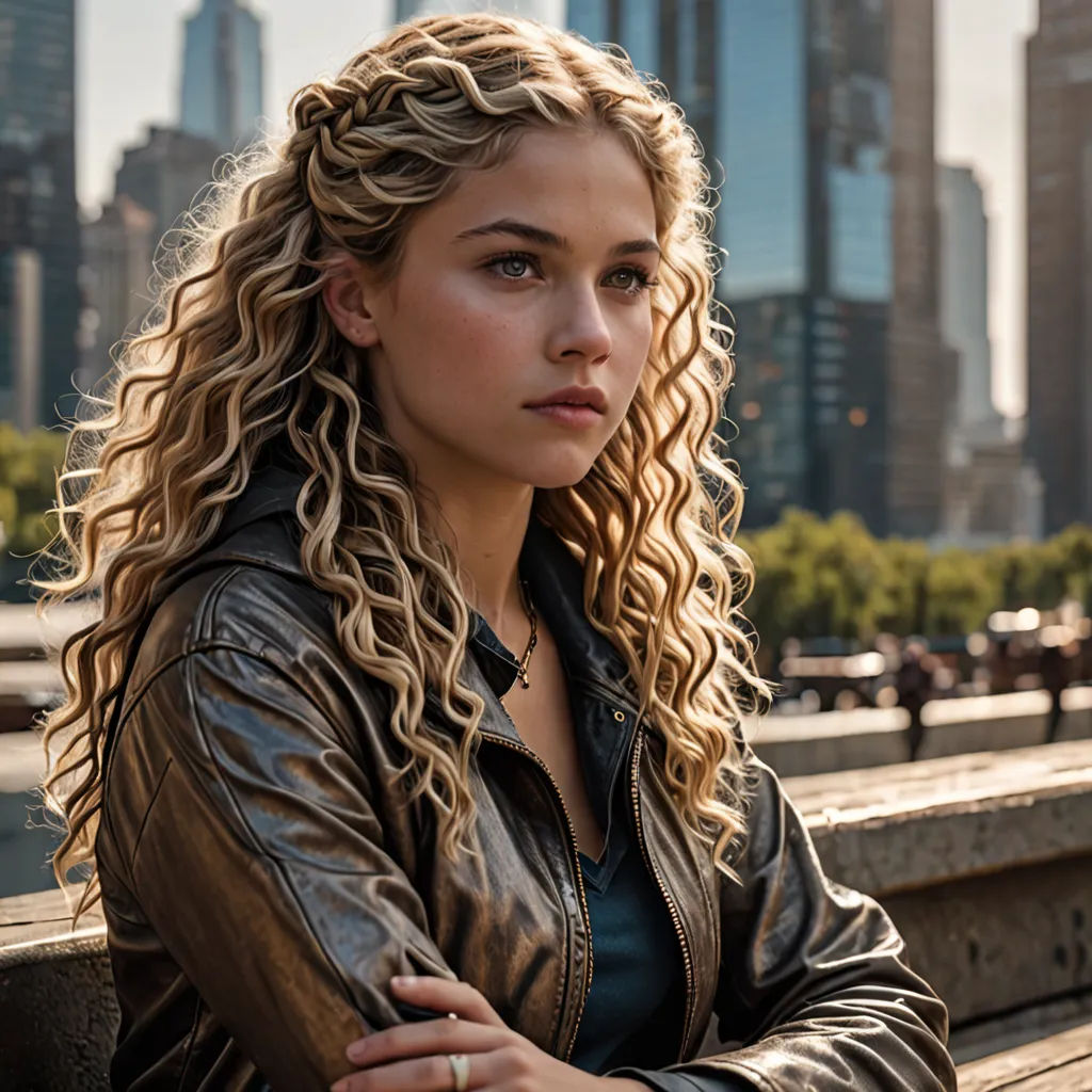a woman with long blonde hair sitting on a bench in a city park with a city skyline in the background, neo-figurative, a character portrait, Elisabeth Collins, promotional image
