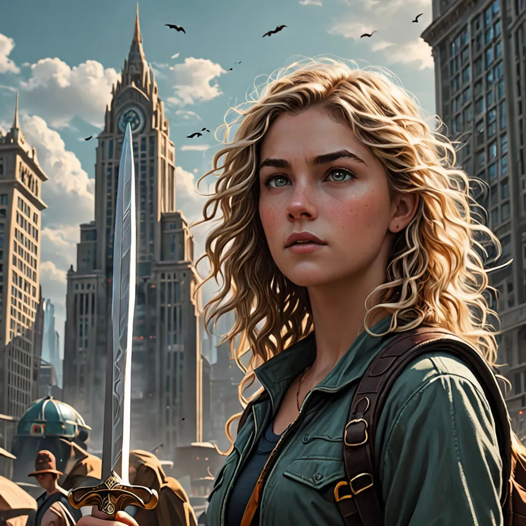 a woman holding a sword in front of a city skyline with birds flying overhead and a man in a green shirt, fantasy art, a character portrait, Clint Cearley, stanley artgerm lau
