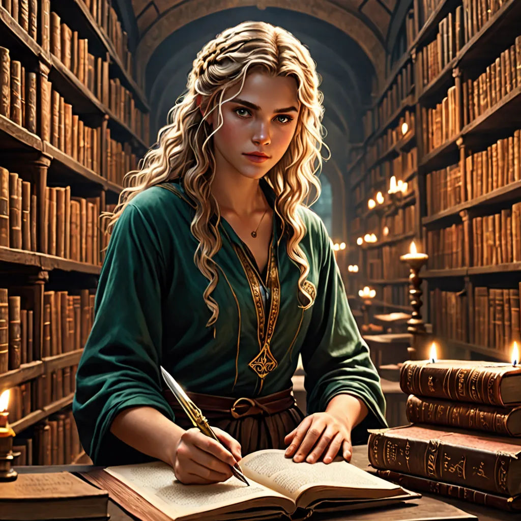 a woman sitting at a table in a library with a book and pen in her hand and a book in front of her, fantasy art, computer graphics, Artur Tarnowski, fantasy artwork
