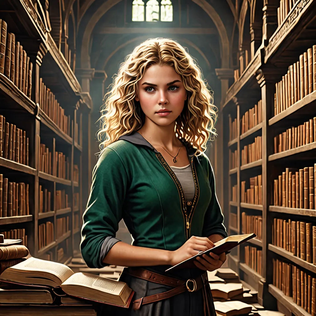 a woman standing in a library holding a book and a book in her hands and a book in her other hand, fantasy art, a character portrait, Dirk Crabeth, promotional image