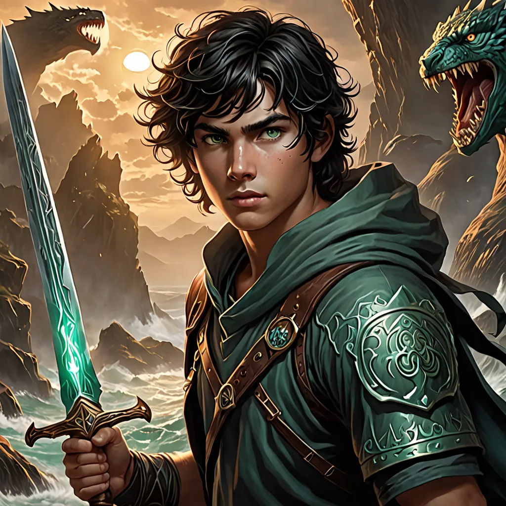 a man holding a sword in front of a dragon and a mountain with rocks in the background and a dragon on the wall, fantasy art, a character portrait, Clint Cearley, epic fantasy character art