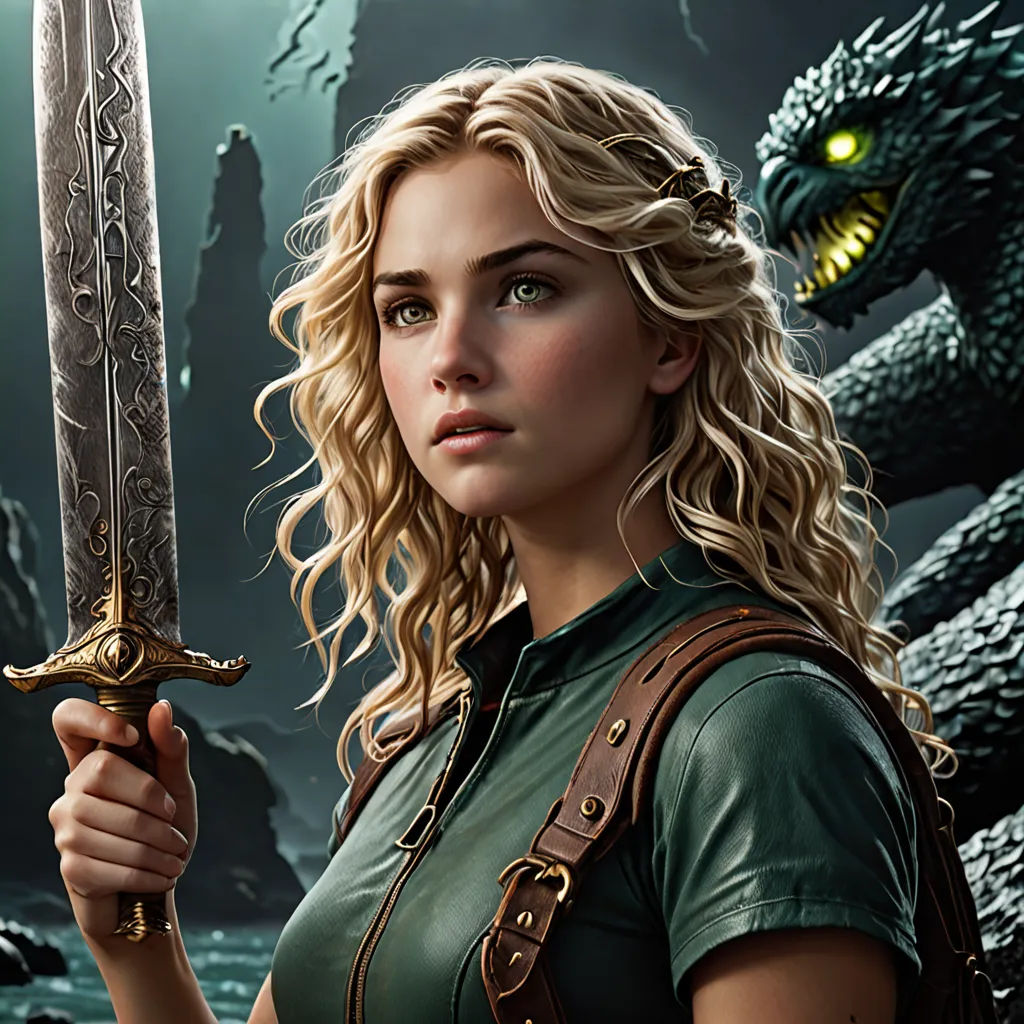 a woman holding a sword in front of a dragon and a demon background with a green eyeshade, fantasy art, a character portrait, Clint Cearley, epic fantasy character art