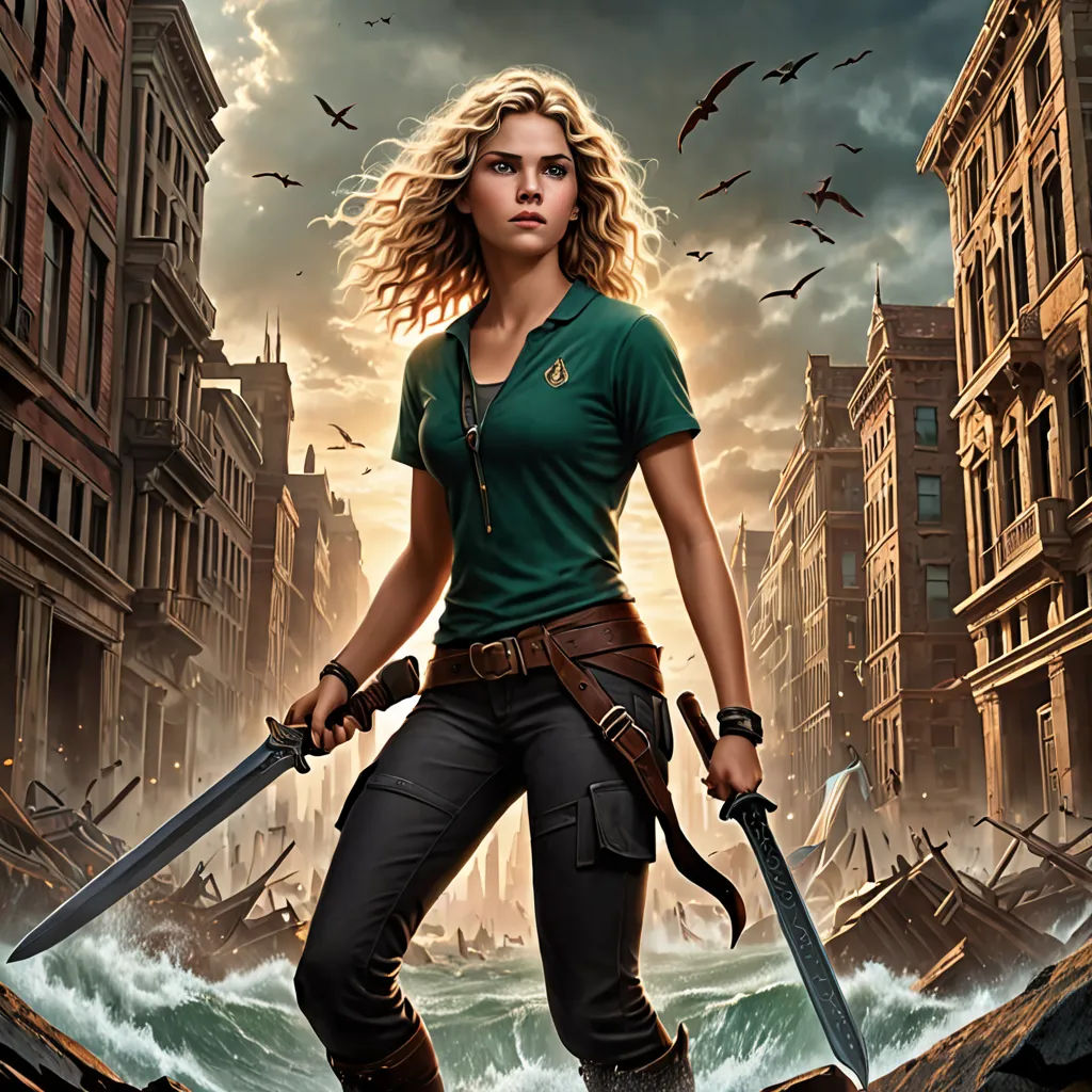 a woman holding two swords in a city with birds flying overhead and a ship in the background, in a painting, fantasy art, a character portrait, Dirk Crabeth, key art