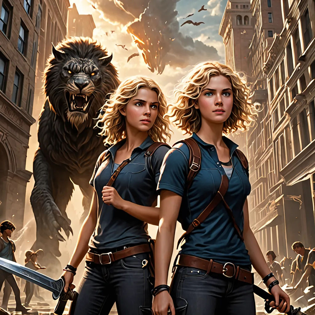 a couple of women standing next to each other in front of a giant bear and a city with people, fantastic realism, poster art, Dirk Crabeth, key art