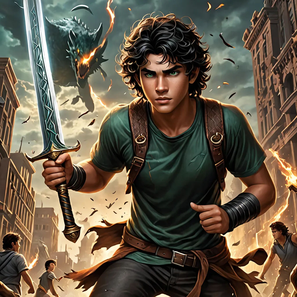 a man holding a sword in a city with a dragon in the background and a demon in the foreground, fantasy art, a character portrait, Cedric Seaut (Keos Masons), key art