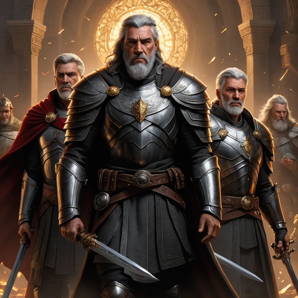 a group of men in armor standing next to each other in front of a building with a cross on it, sots art, concept art, Christophe Vacher, epic fantasy character art