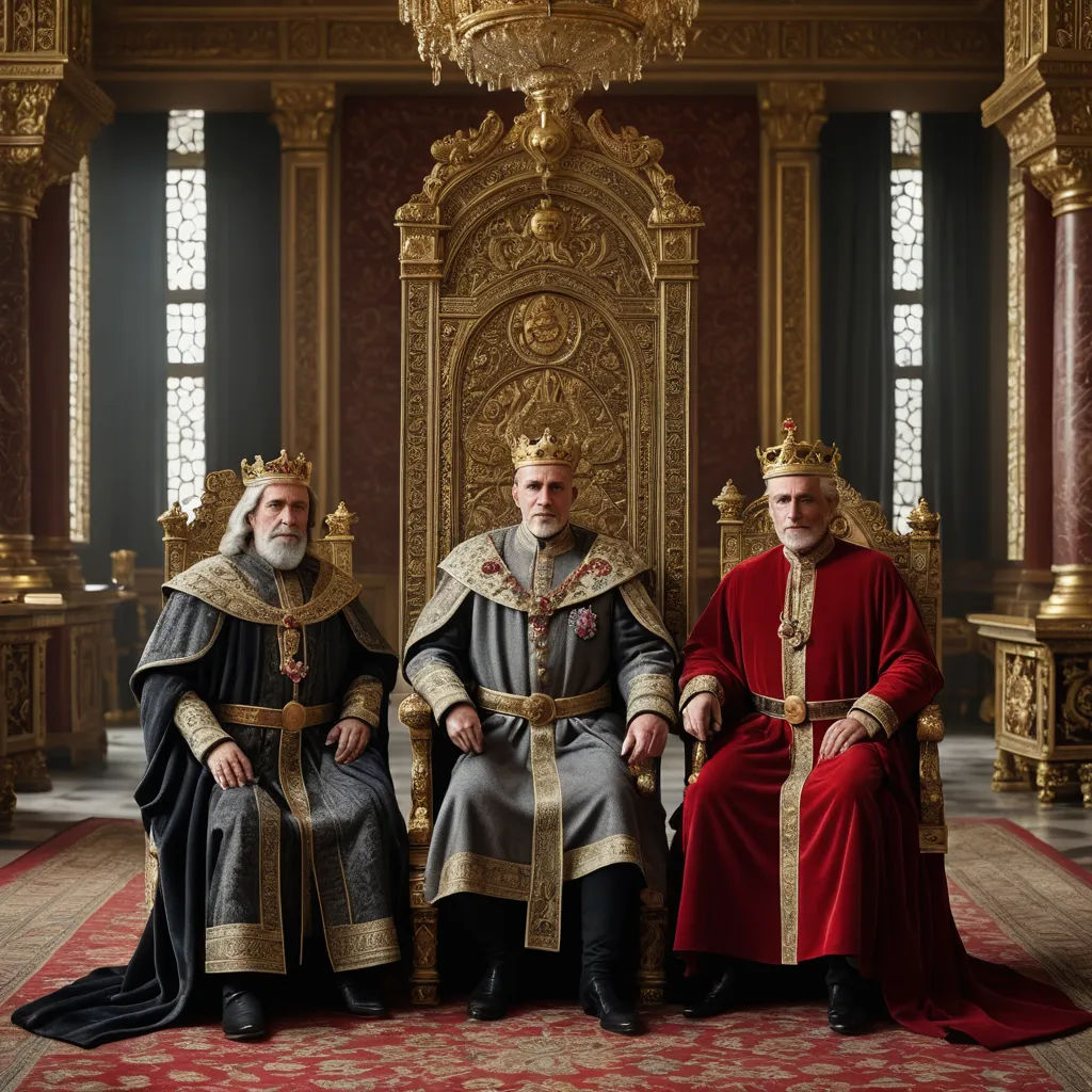 two men in medieval clothing sitting on a throne in a room with gold trimmings and a chandelier, photorealism, a detailed matte painting, Altoon Sultan, promotional image