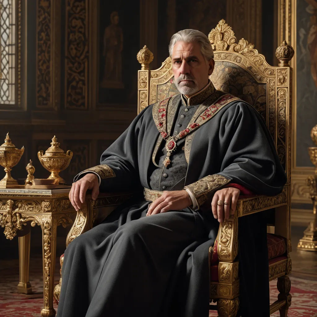 a man in a black suit sitting on a gold throne in a room with ornate walls and flooring, renaissance, a character portrait, Eugenio de Arriba, regal