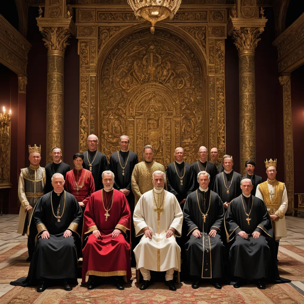 a group of men in black and red robes and a priest in a gold and red outfit and a gold and black robe, incoherents, a flemish Baroque, Andrei Rublev, promotional image