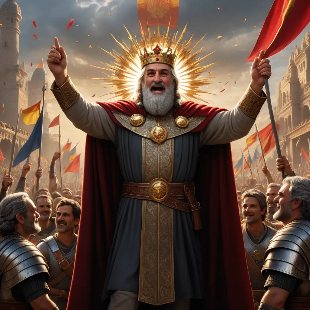 a man in a crown and cape surrounded by other men holding flags and pointing to something in the air, sots art, concept art, Christophe Vacher, epic fantasy character art