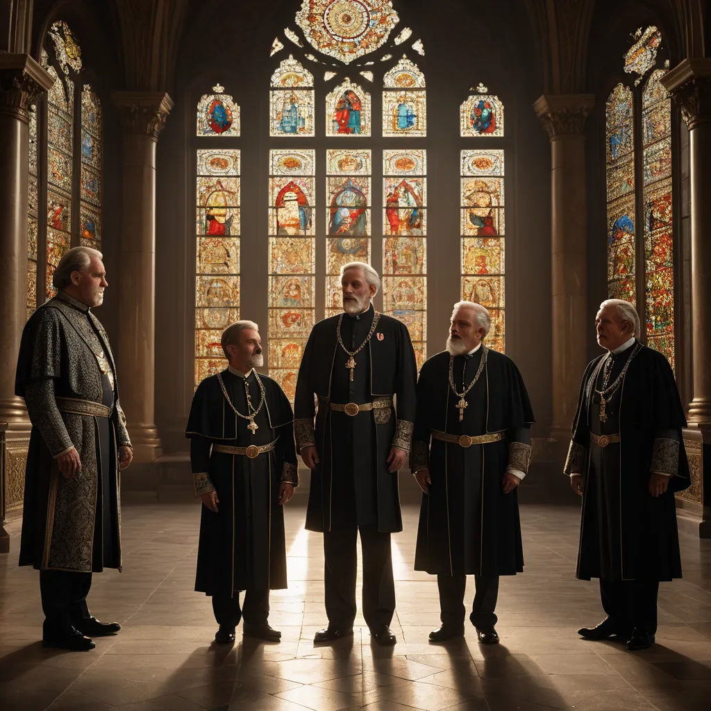 a group of men standing in front of a stained glass window in a church with stained glass windows behind them, renaissance, a renaissance painting, Andrei Rublev, promotional image