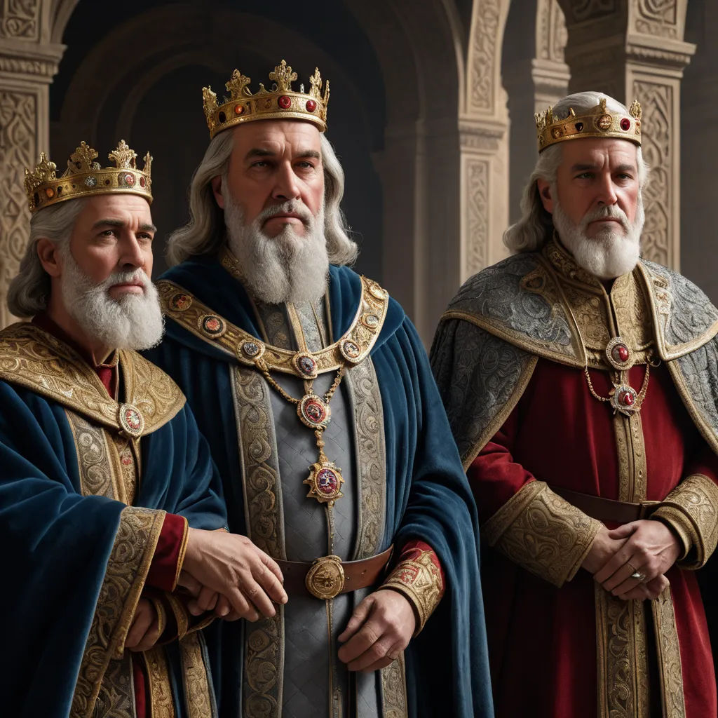 three men in medieval clothing standing next to each other in front of a building with arches and arches on it, antipodeans, a detailed matte painting, Brothers Hildebrandt, very detailed faces