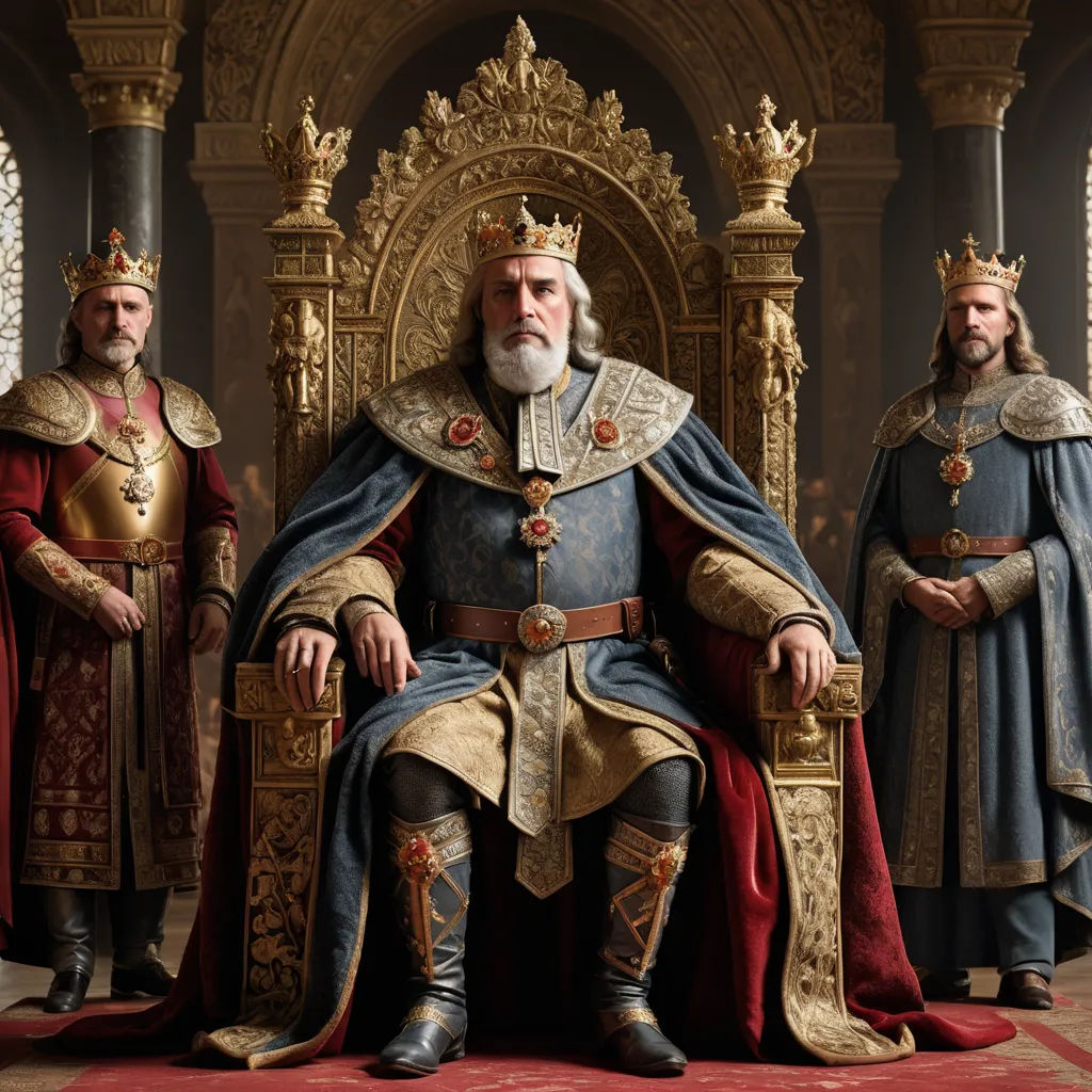 a group of men in medieval costumes sitting on a throne with a red carpet and gold trimmings, photorealism, a detailed matte painting, Charles Bird King, photoreal