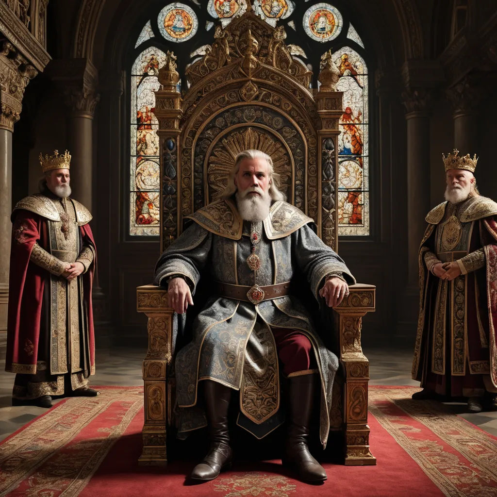 a man sitting on a throne in front of two other men in robes and crowns in a church setting, letterism, a detailed matte painting, Artur Tarnowski, promotional image
