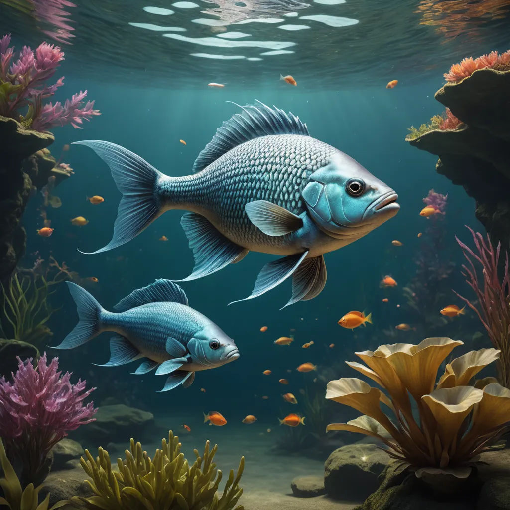 a painting of two fish swimming in a sea with corals and algaes around them and a light shining on the water, fantasy art, an airbrush painting, David Martin, highly detailed digital painting