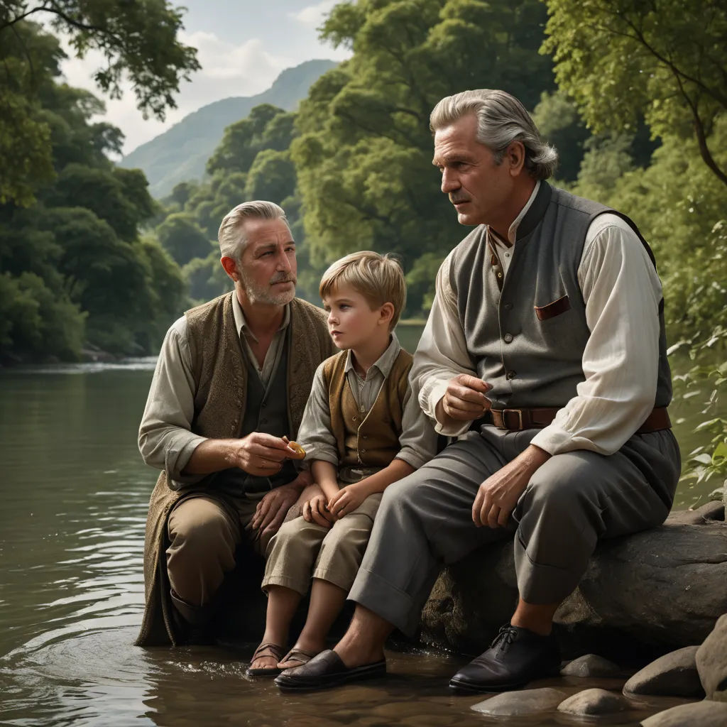 a man and a boy sitting on a rock in the water with a man in a vest and tie, magical realism, a storybook illustration, Cliff Childs, movie still