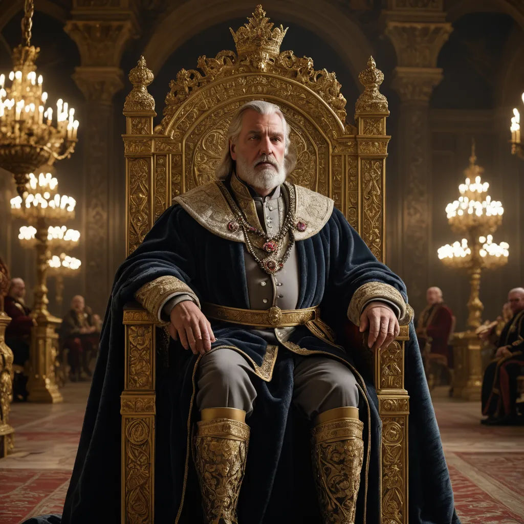 a man sitting on a throne in a room with chandeliers and chandeliers hanging from the ceiling, renaissance, a flemish Baroque, Edward George Handel Lucas, regal