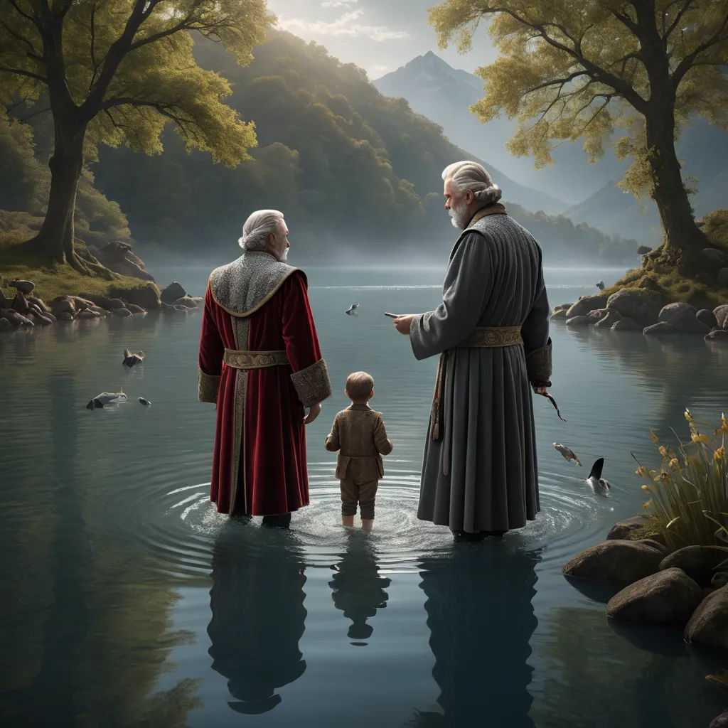 a painting of a man and a child standing in a lake with a priest in the background and birds flying around, fantasy art, a detailed matte painting, Brothers Hildebrandt, 8 k concept art
