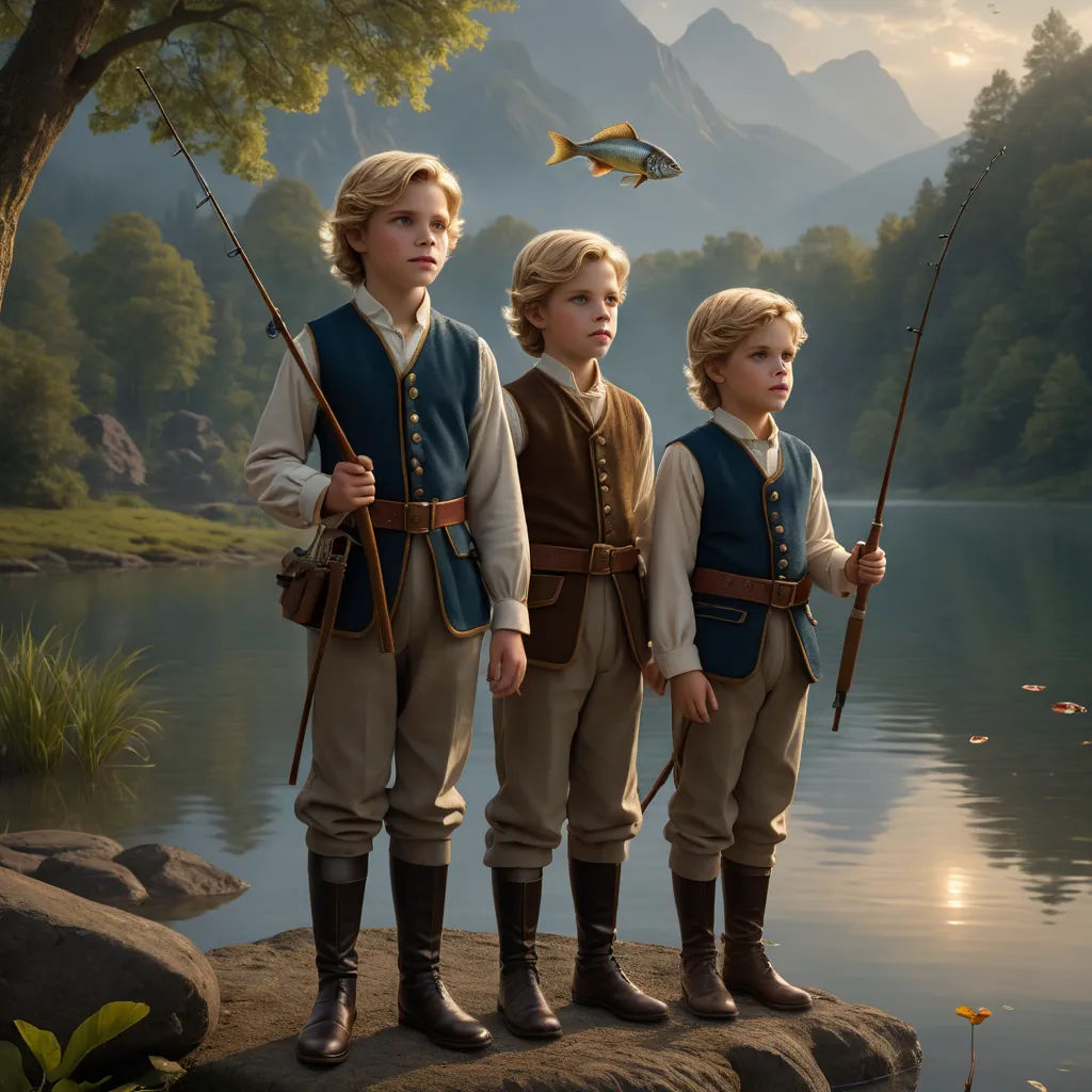 three children standing on a rock with fishing rods in their hands and a fish in the air above them, photorealism, a detailed matte painting, Brothers Hildebrandt, j. c. leyendecker 8 k